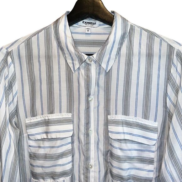 Express The City Shirt Size M White Black Blue Striped Long‎ Sleeve Button Up - Picture 2 of 13